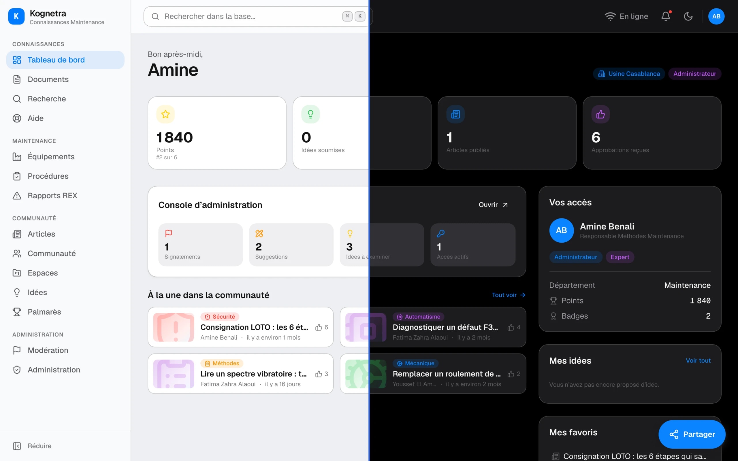 The role-aware dashboard, light and dark.