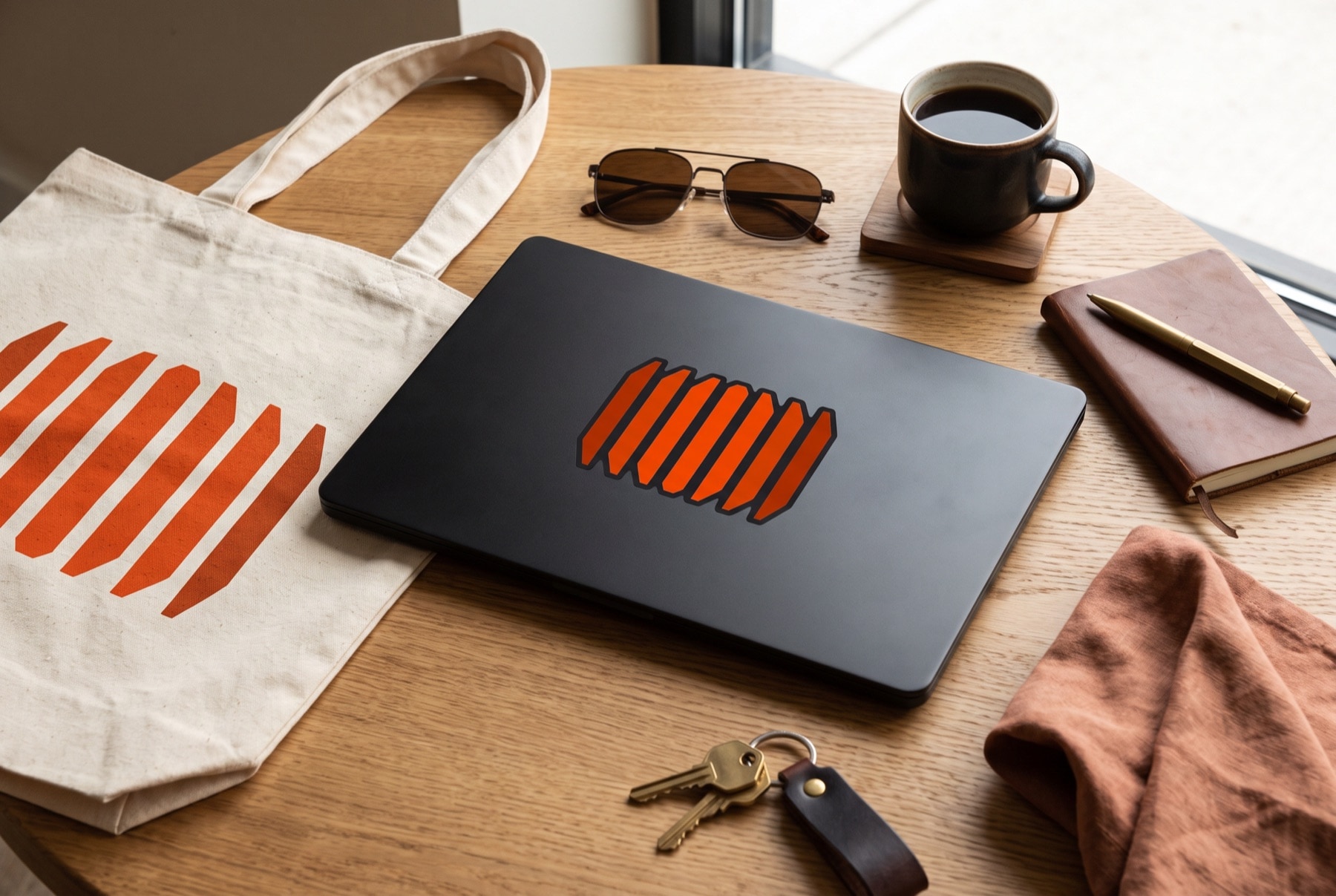 The mark, off-screen: laptop and tote.