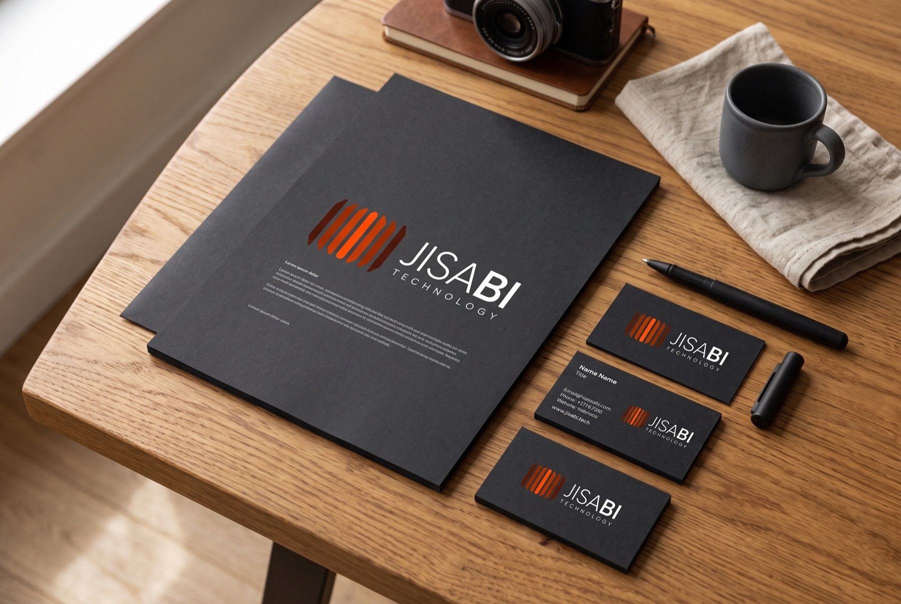 The system in print: business cards and letterhead on carbon stock.
