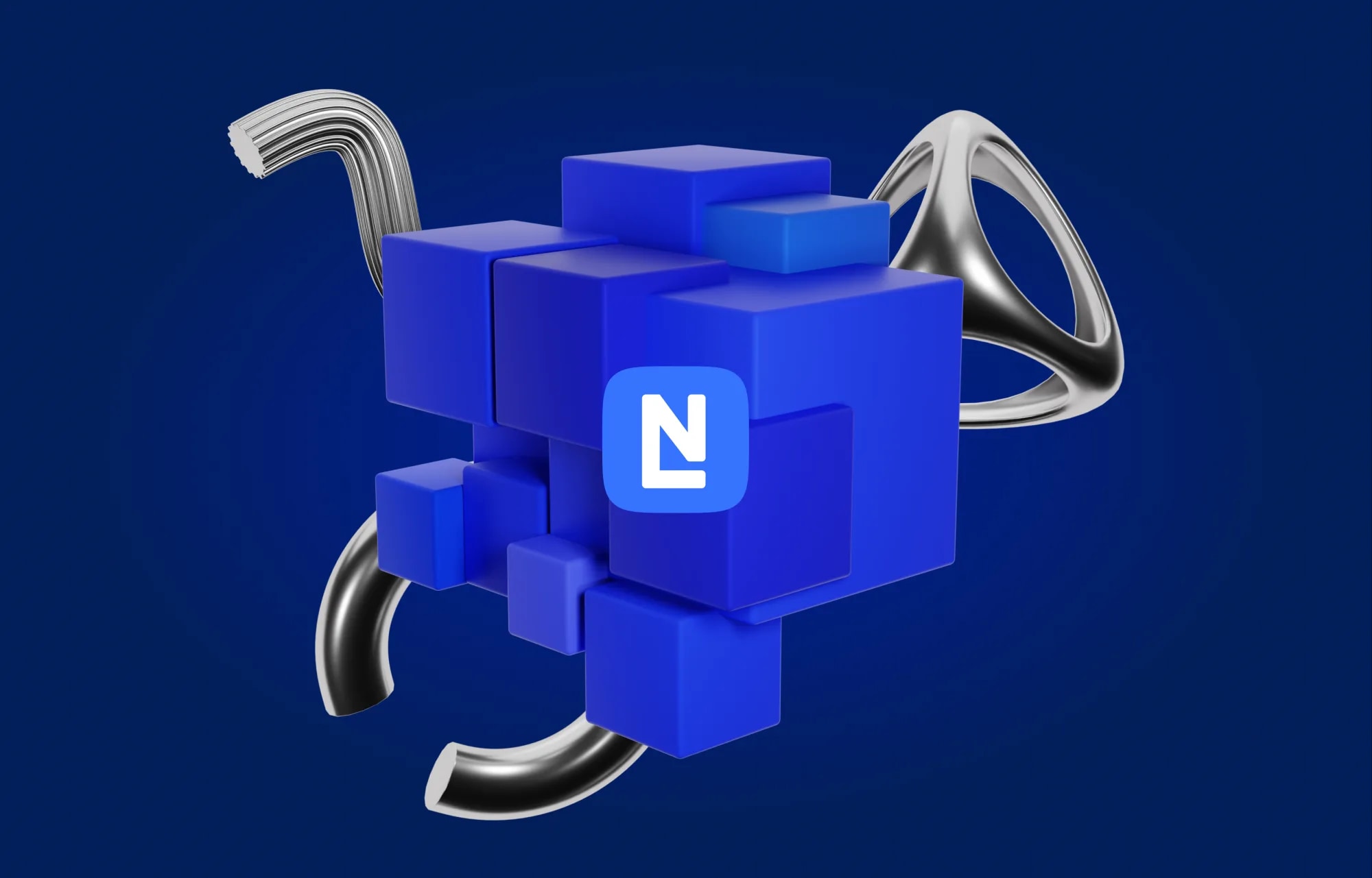 The rebrand’s key art: the LN mark at the centre of a system.