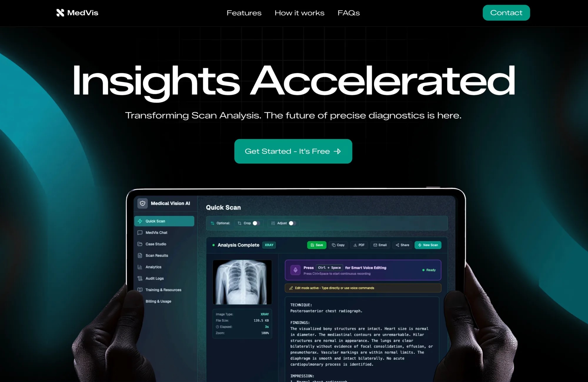The hero: “Insights Accelerated”, the promise with a live product preview.